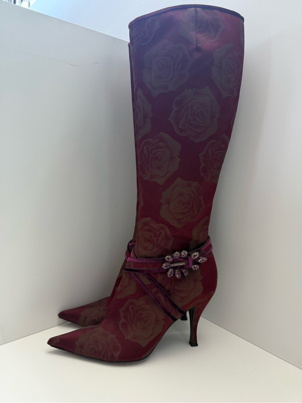 Sergio Rossi Burgundy Rose-Print Knee-High Stiletto Boots with Gem Strap